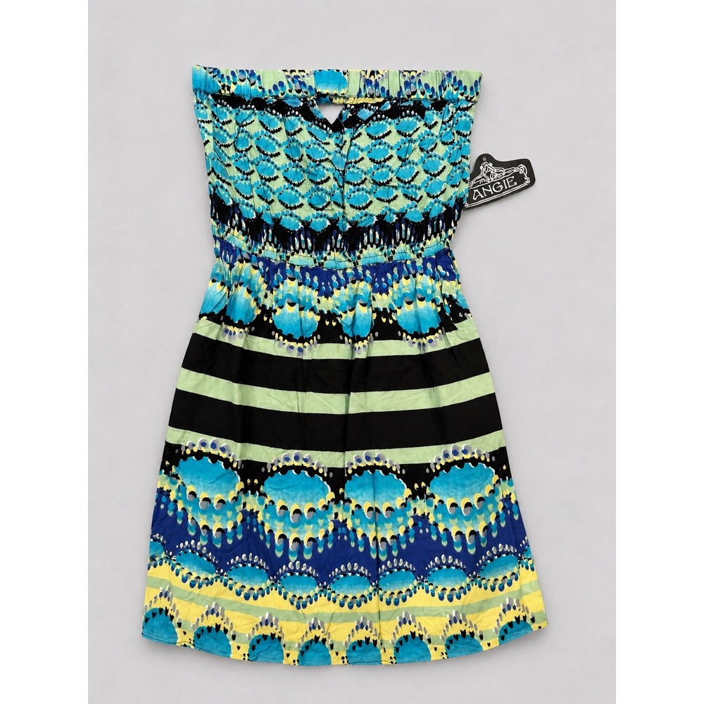 Angie Strapless Smocked Mini Dress Blue Green Geometric Boho Sun Dress NWT